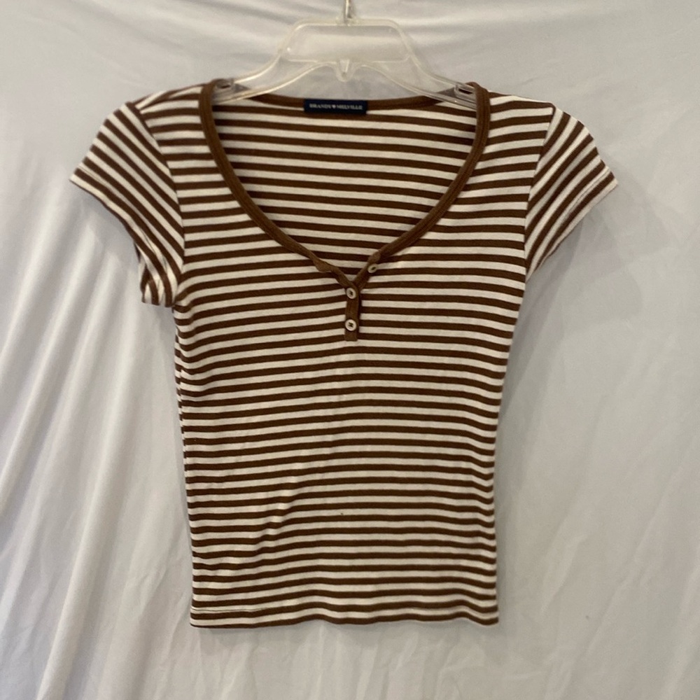 brandy melville zelly striped brown cream 3 button short sleeve top